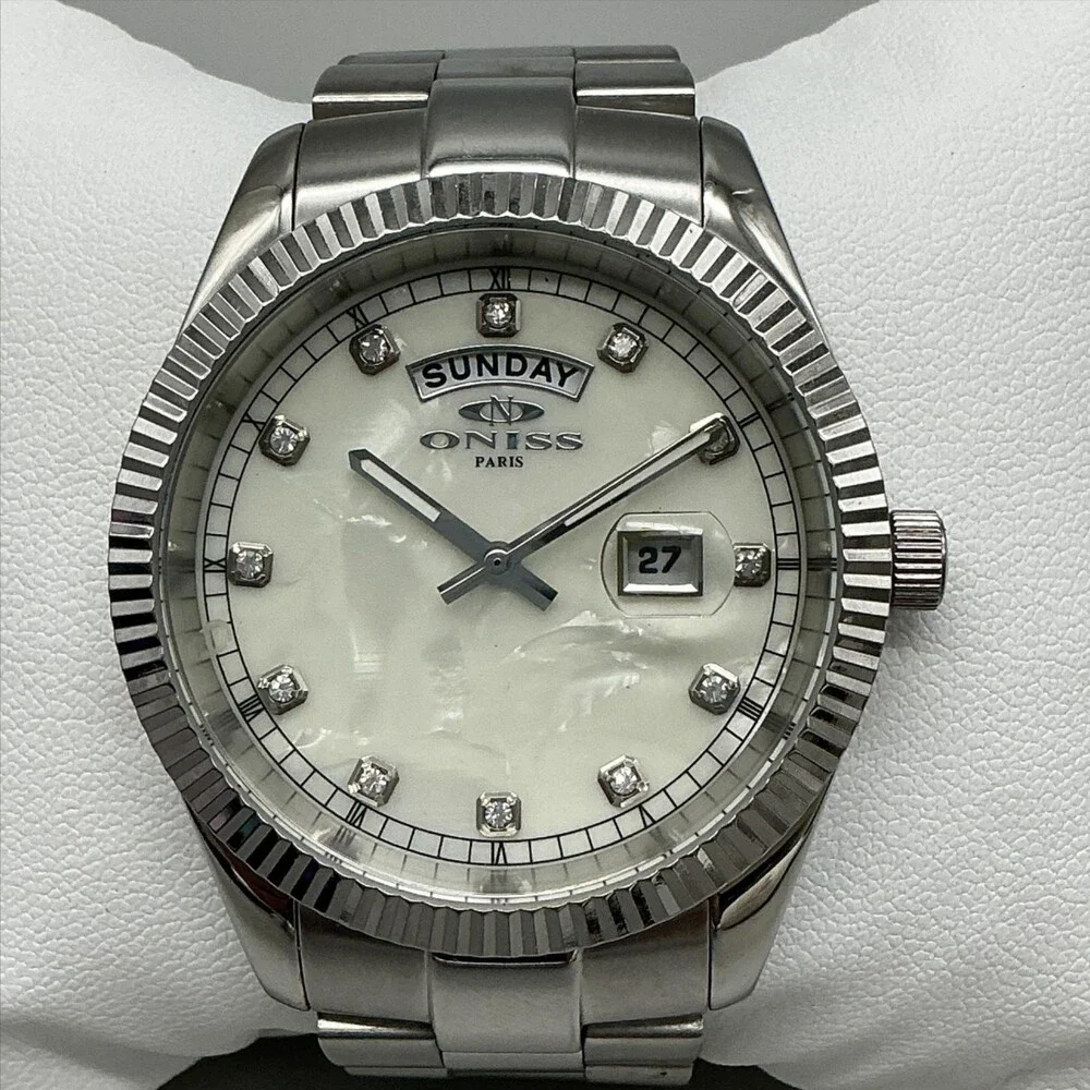 Oniss Women Watch 42mm MOP Dial Stainless Day Date ON3881-MMWT New Battery 6.5